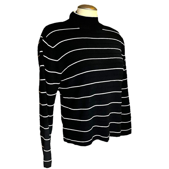 Women's Les Modes Henri Pierre Breton Stripe Mock Neck Sweater, L, Black/White - Picture 2 of 13
